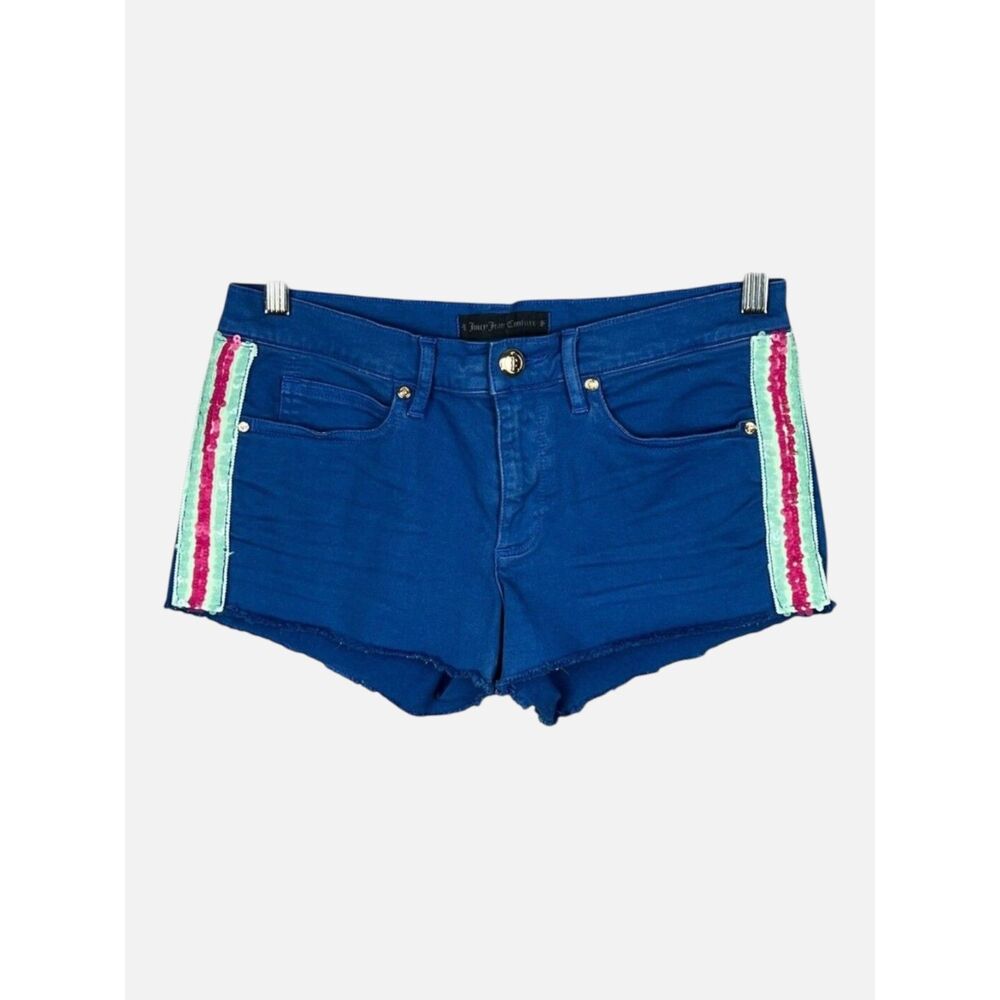 Juicy Couture Royal Blue Denim Sequin Stripe Raw Hem Shorts Y2K Women's Size 28